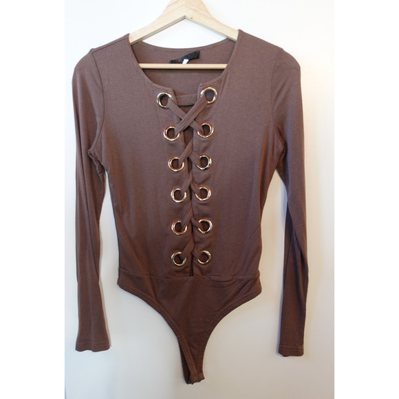 Lace Up Bodysuit Womens Large Brown Gold Long Sleeve Eyelet Grommet Stretchy Top - Picture 1 of 7